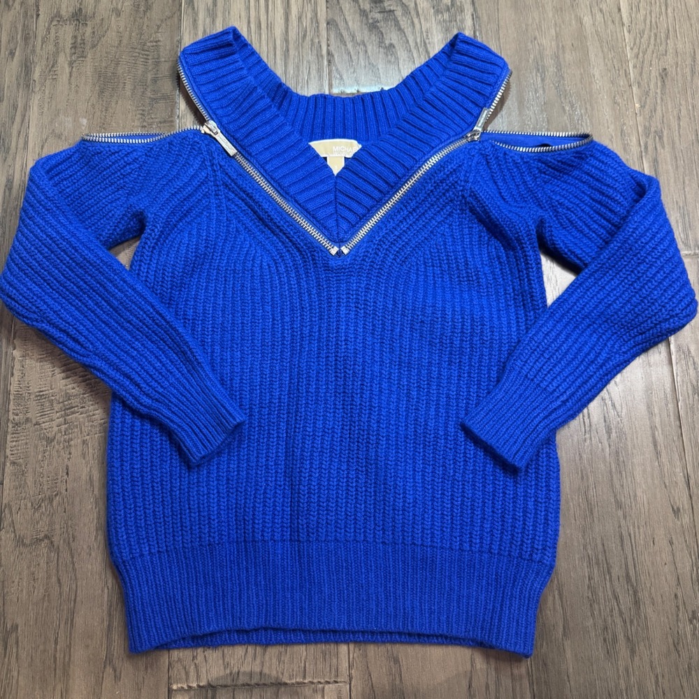 Michael Kors Cold Shoulder Zip Neck Sweater Blue‎ Ribbed Knit Size S